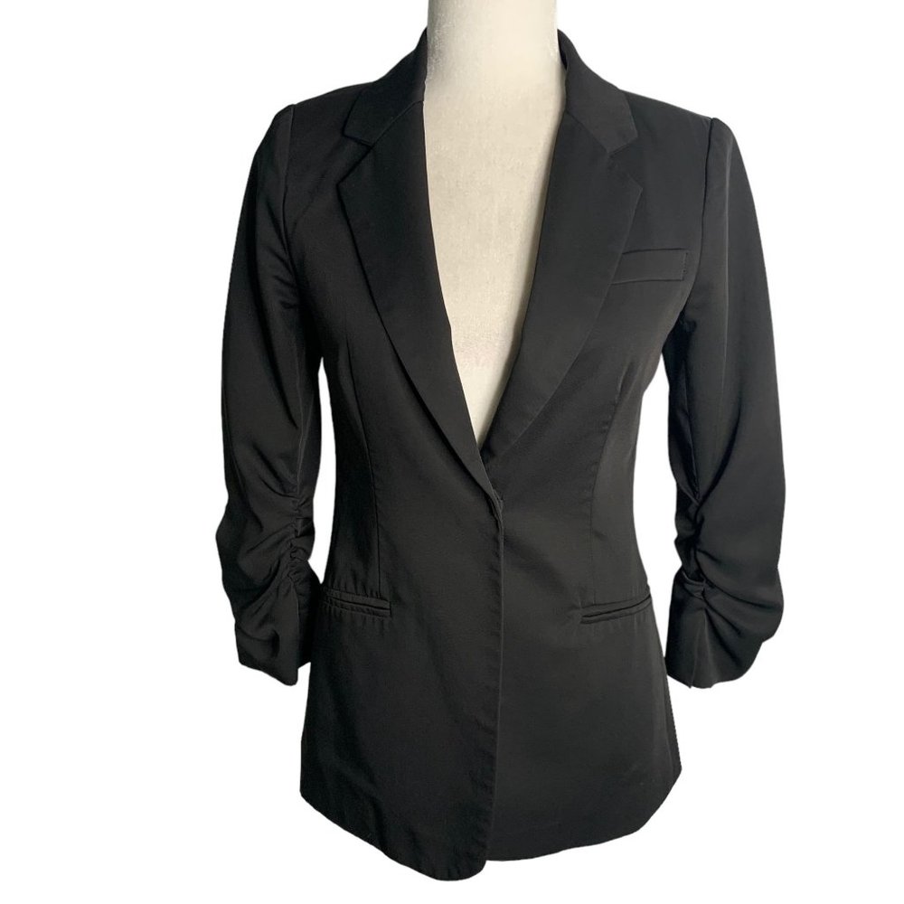 Audrey 3+1 Snap Front Blazer Jacket S Black Ruched Sleeves Lined Pockets